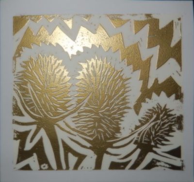 3 sparkly golden teasel heads
