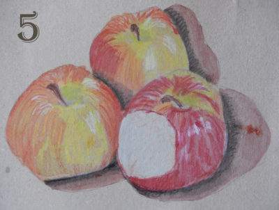 3 apples in alcohol inks and pencil