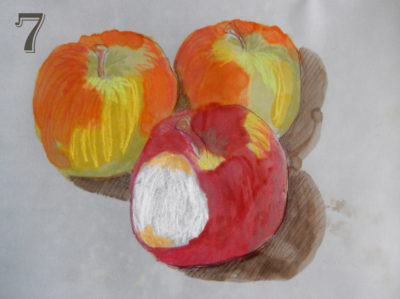 3 apples in alcohol ink and crayon on vellum