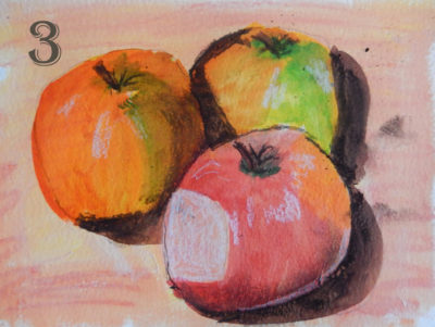 3 apples in acrylic ink and charcoal