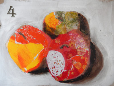 3 apples in collage and paint pens on card