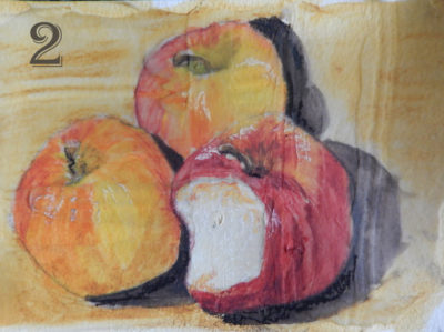 3 apples in inktense pencil on pumice gel