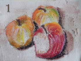 3 apples in oil pastel on texture paste