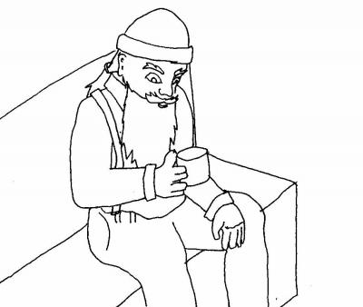 Wood-cutter drinking tea