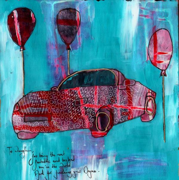 A red car on a blue background with balloons