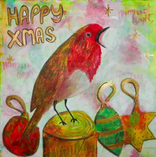 Happy Xmas robin art journal page