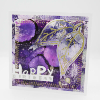 New Purple Gelli Printed Leaf Birthday Card
