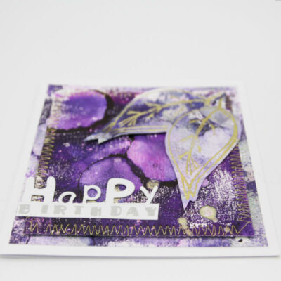 New Purple Gelli Printed Leaf Birthday Card