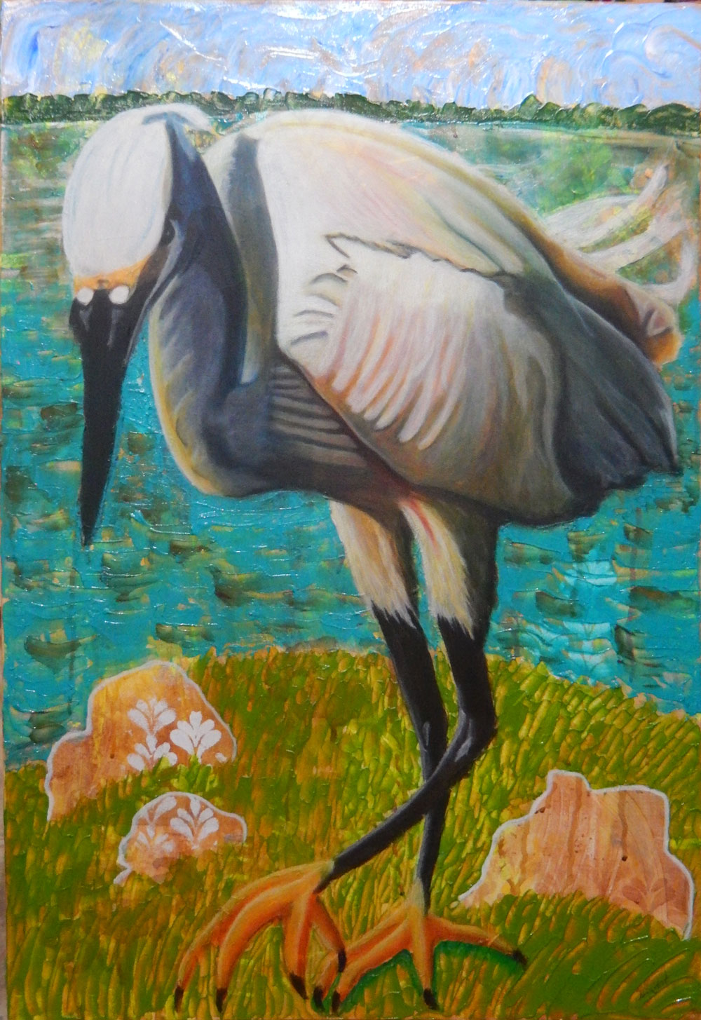 Egret painted against whimsical background