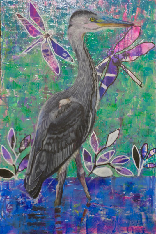 Painting of a heron in a whimsical blue and green background