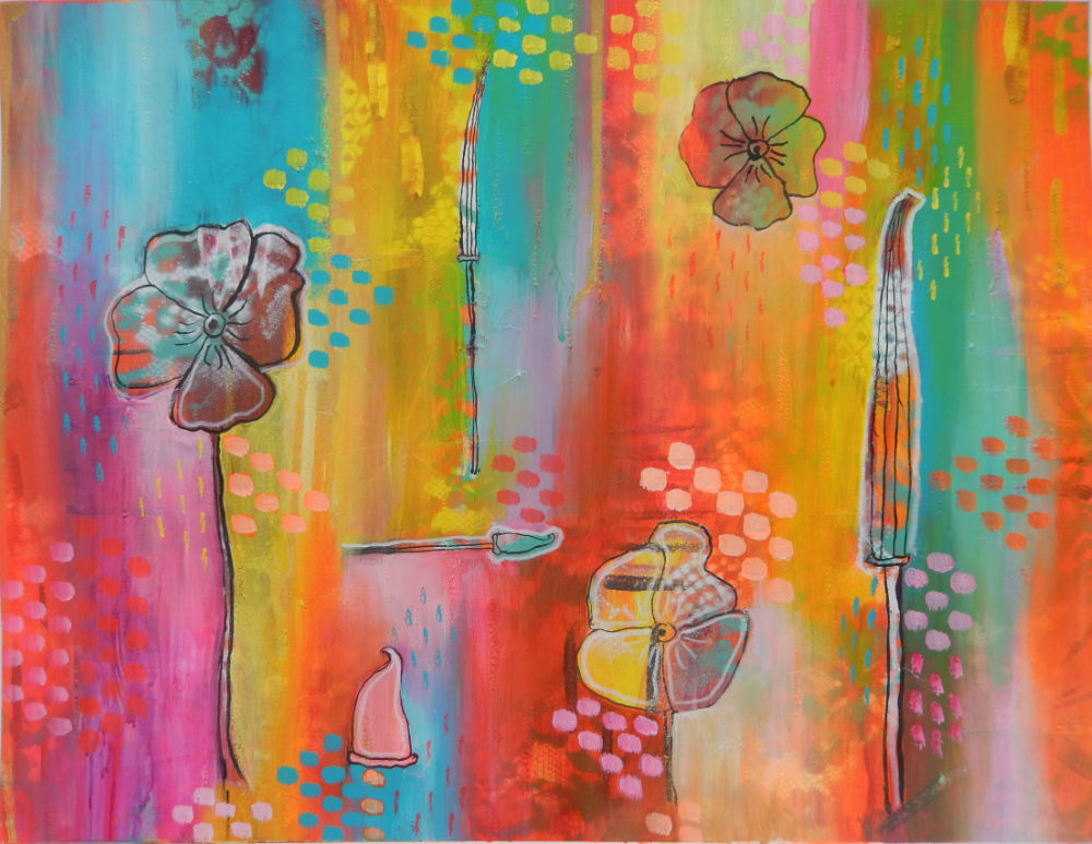 Poppy icons on a colourfully painted background