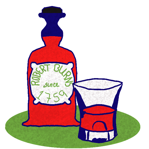 Red, blue, green whiskey bottle and glass