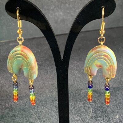 Rainbow earrings on display stand