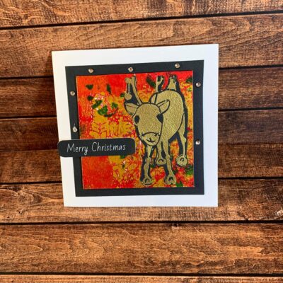 Charming Gold Embossed Bauble Reindeer with Red Gelli Print