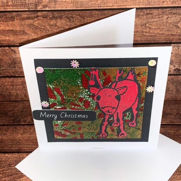 Christmas Red Reindeer on Festive Print Card Standing Display