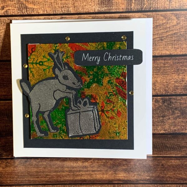 Silver Reindeer on Snowflake Print Card front