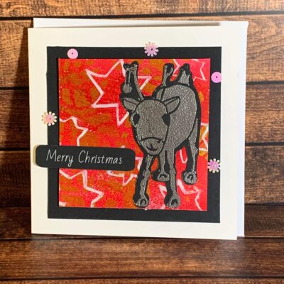 Happy Silver Reindeer on Starry Background Print