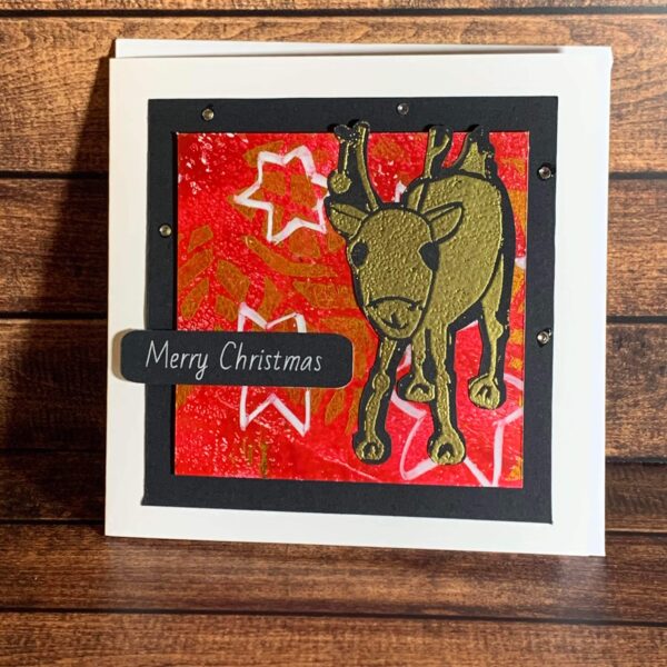 Joyous Gold Reindeer on Starry Red Print Card