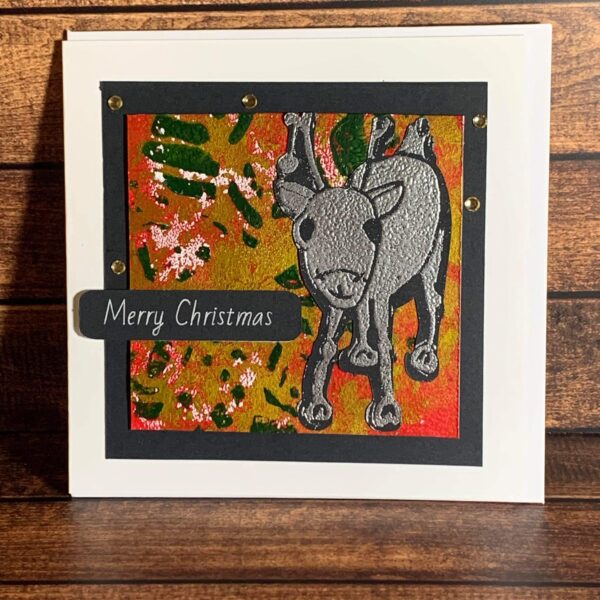 Funny Silver Reindeer on Abstract Xmassy Print Card