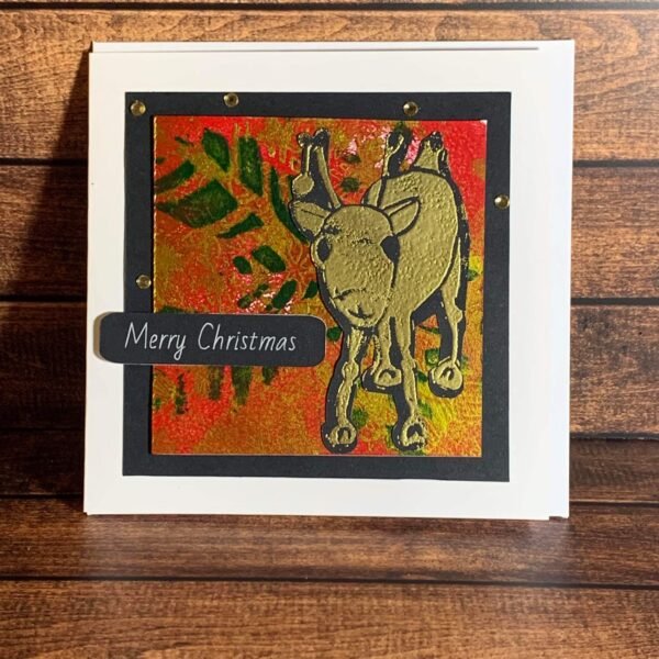 Adorable Gold Reindeer on Festive Print Card